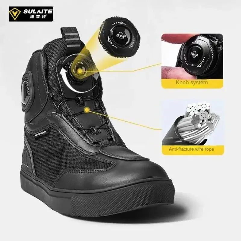 Sulaite Motorcycle Boots Men Waterproof Motorcyclist Boots Black Leather Motocross Boots Breathable Moto Biker Shoes