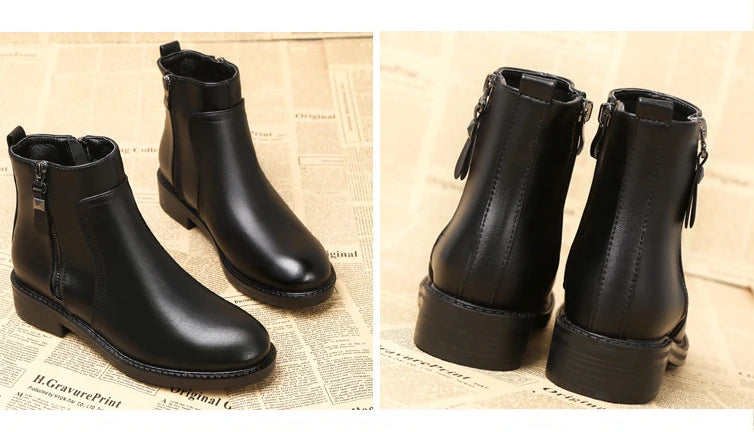 Ankle Boots Women Black Warm Plush Korean Version Side Zipper Cotton Boots Female Flat Luxury Chelsea Boots Short Shoes 2024