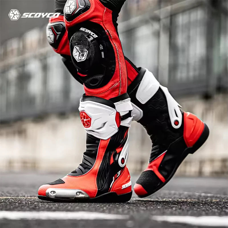 SCOYCO Motorcycle Boots Men Non-slip Anti-fall Professional Motorbike Racing Track Long Boots Mid-Calf Riding Protective Shoes