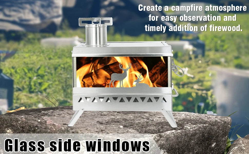 Firewood Stove Outdoor Portable Stainless Steel Burner Desktop Heater with Collapsible Legs for Camping Hiking Barbecue Travel
