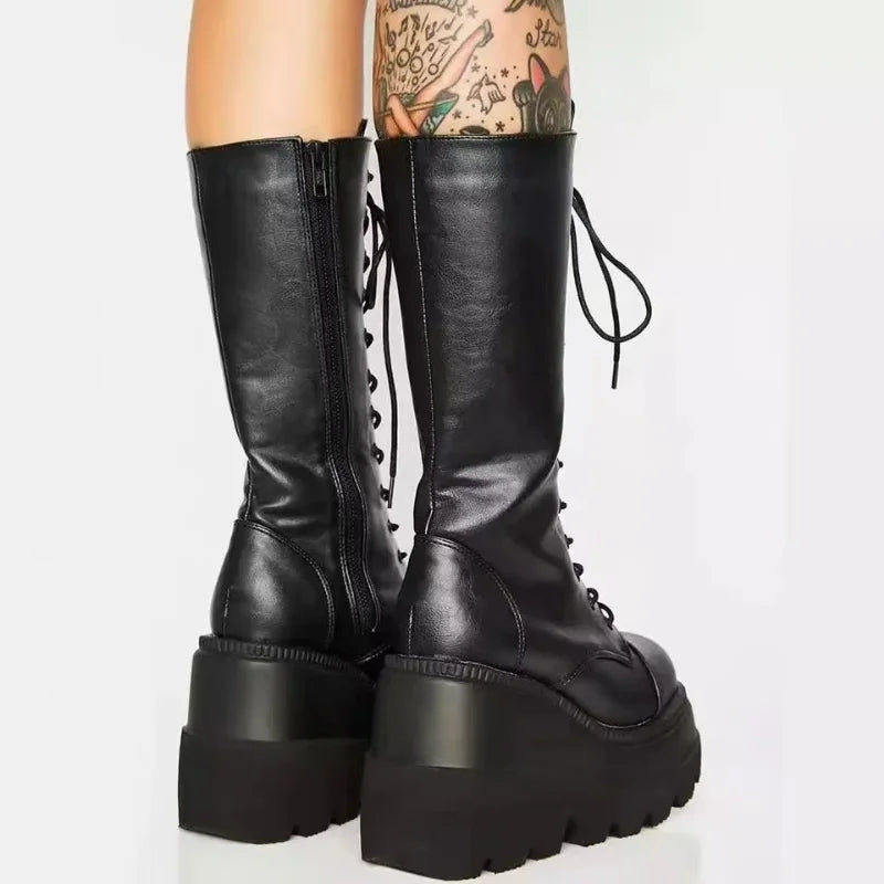 Winter Boots Women Platform Shoes Booties Rain Combat Military Short Leather Black New Rock Punk Goth Lolita Clearance Offers