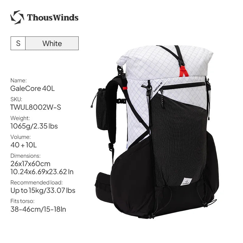 ThousWinds GaleCore 40+10L Lightweight Hiking Backpack Dyneema Trekking Pack Waterproof Bagpack