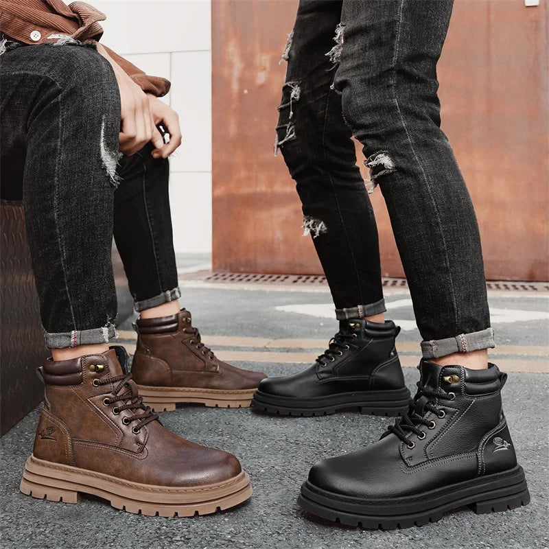 New Autumn Winter Men High Top Shoes Fashion Motorcycle Boots Outdoor Leisure Ankle Boots Comfortable Man Lace-Up Botas Sneakers