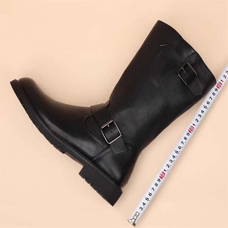 Men Fashion Leather Motorcycle Boots Mid-calf Warm Boots Black Gothic Belt Rivet Punk Rock Boots Tactical Boots 37-45