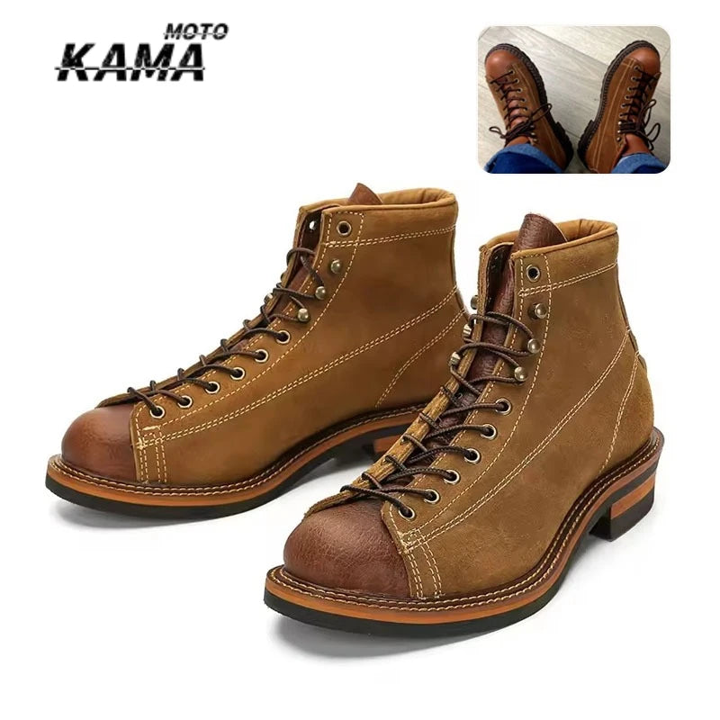 KOWM cowhide Hiking shoes men's trekking boot British ankle casual sneakers trekking shoes thick soled high top motorcycle boots