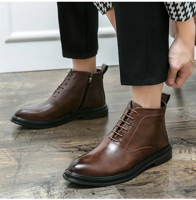 Italian Leather Men Zip Lace-Up Boots Casual Shoes Motorcycle Boots Black Winter High Quality Booties Botas Masculinas 38-46