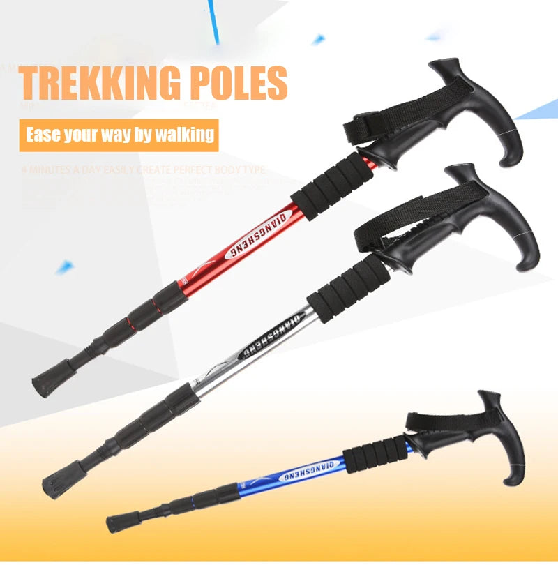 Four-section T-handle Trekking Pole Outdoor Travel Cane Climbing  Pole Aluminum Alloy Telescopic Pole Hiking Walking Stick