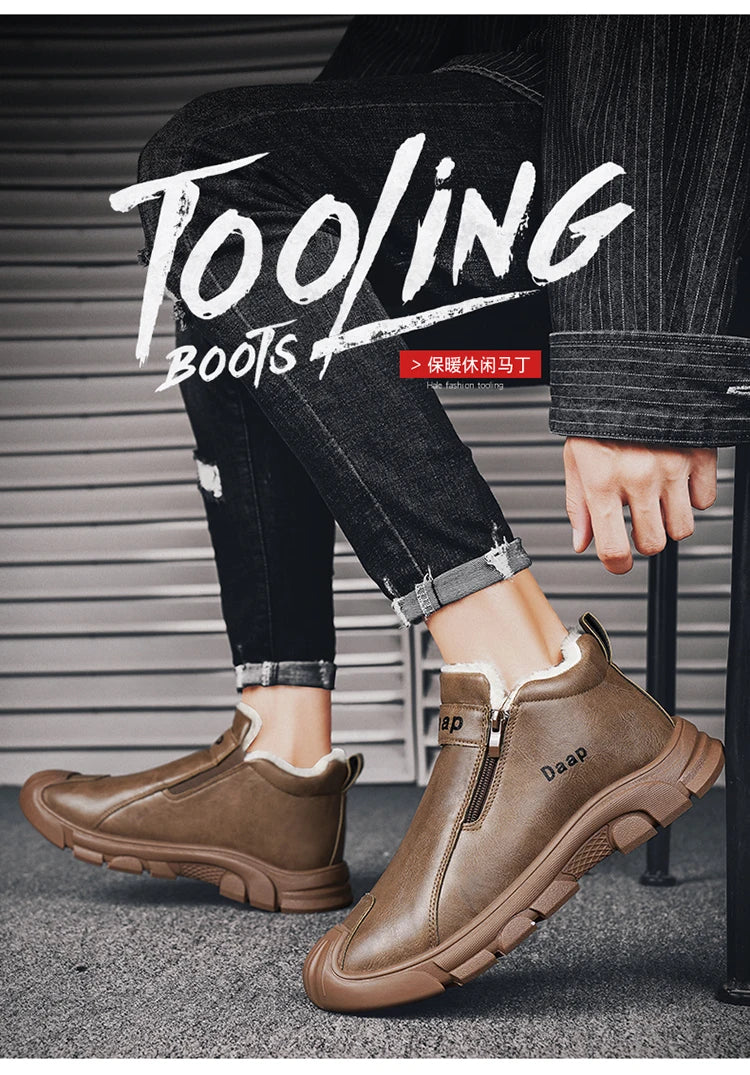 2025 High Top Men's Winter Shoes Comfortable Black Fluff Boots Men Warm Plush Leather Casual Sneakers Men Work Motorcycle Boots