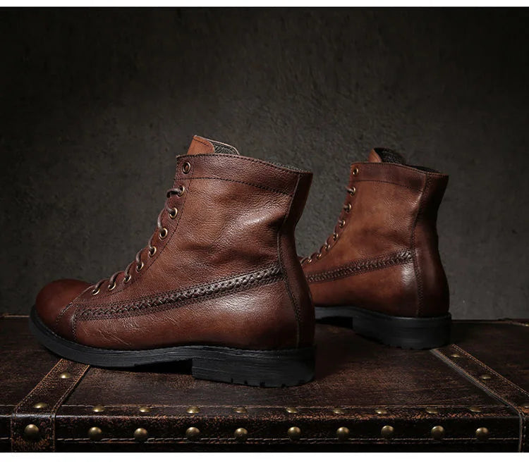 Retro Men Boots Handmade Toe Polish Men Ankle Boots Casual Leather High-top Shoes Platform Motorcycle Booties New Bota Masculina