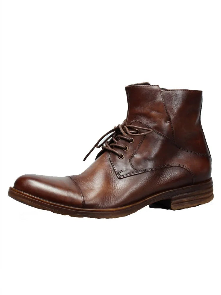 Vintage Mens Cowhide Genuine Leather Riding Ankle Boots Lace Up High Top Work Shoes Vintage Round Toe Autumn Moto Biker Boots