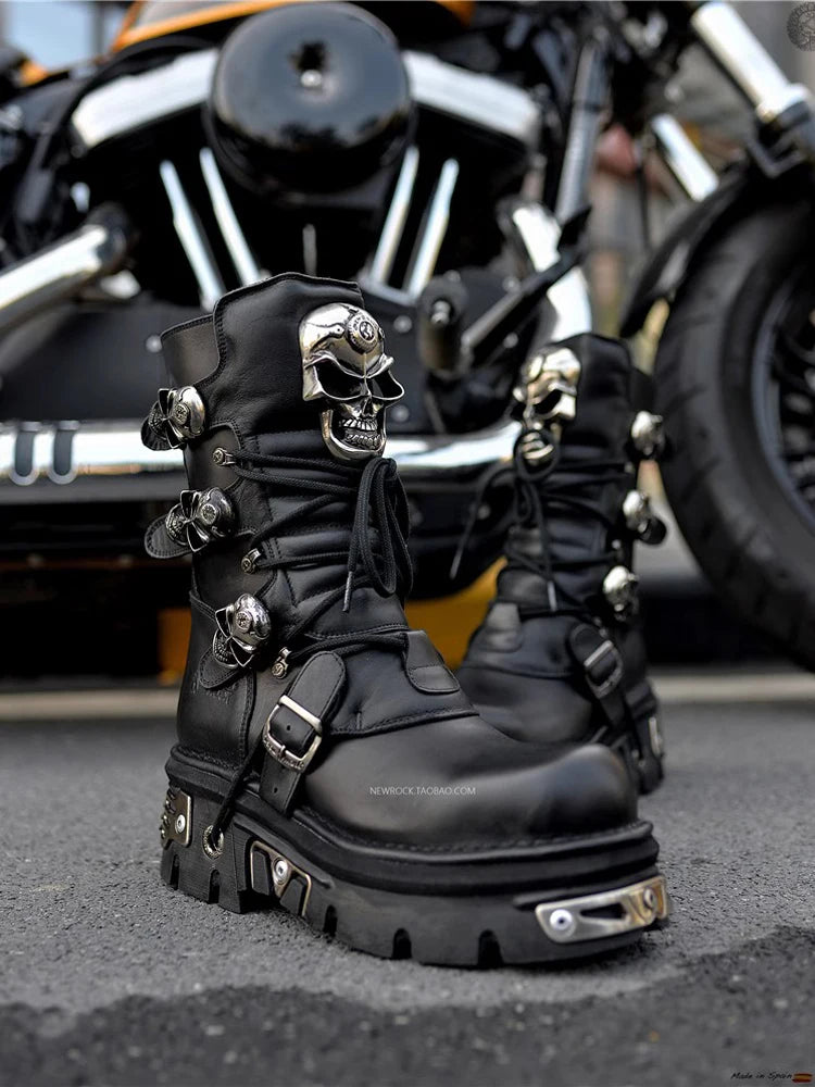 Unisex Handmade Custom Skull High Boots Metal Decorated Motorcycle Punk Thick-Soled Couple Shoes New for Men and Women