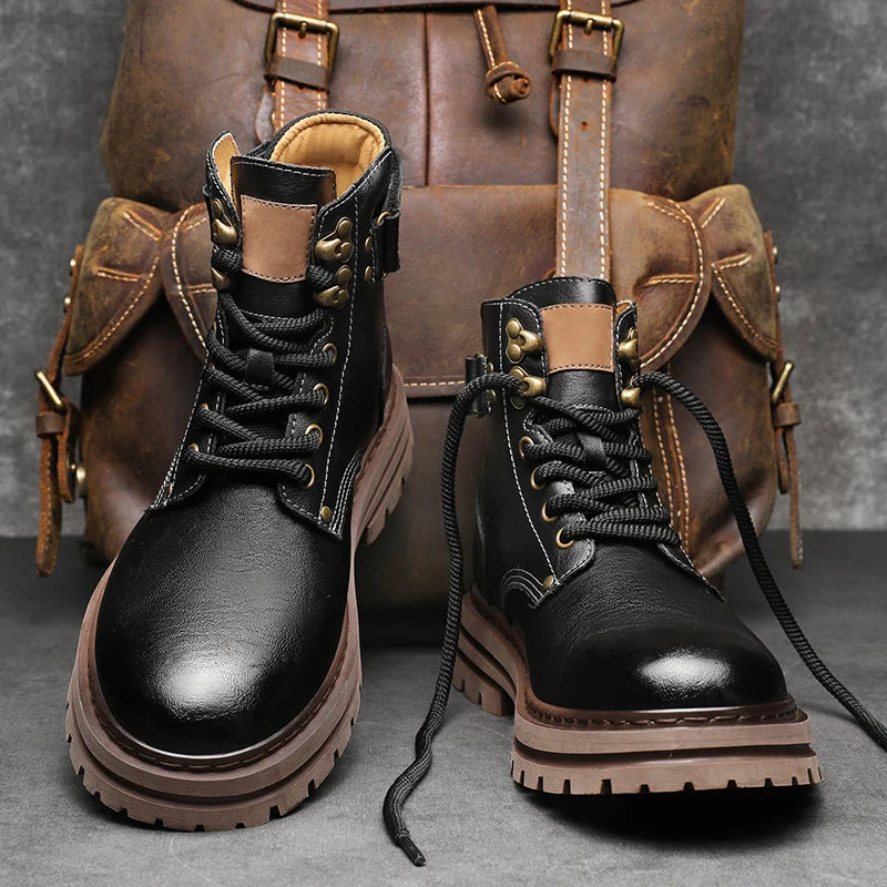 Top Quality Vintage Leather Men's Snow Boots Fashion Genuine Leather Man Ankle Boots Lace Up Outdoor Motorcycle Boots Walk Shoes