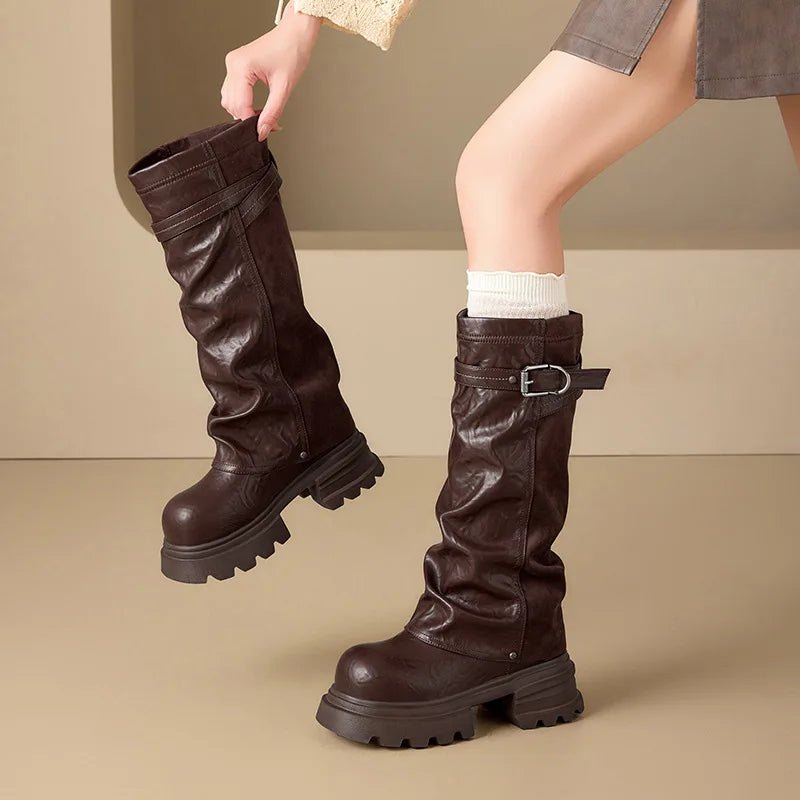 Fujin 8cm Knee High Boots Sexy for Women Platform Heel Motorcycle Booties Punk Genuine Leather Autumn Comfortable Chunky Shoes