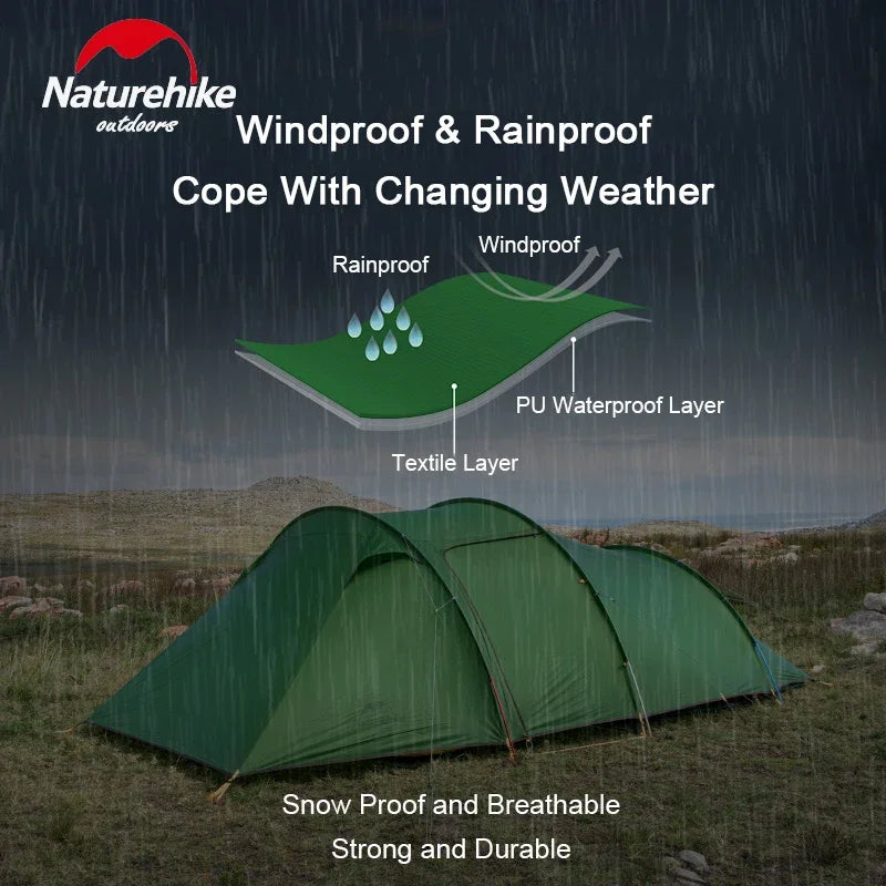 Naturehike-Ultralight Opalus Tunnel Double Tent, Outdoor Camping, Hiking, 2, 3, 4 Persons