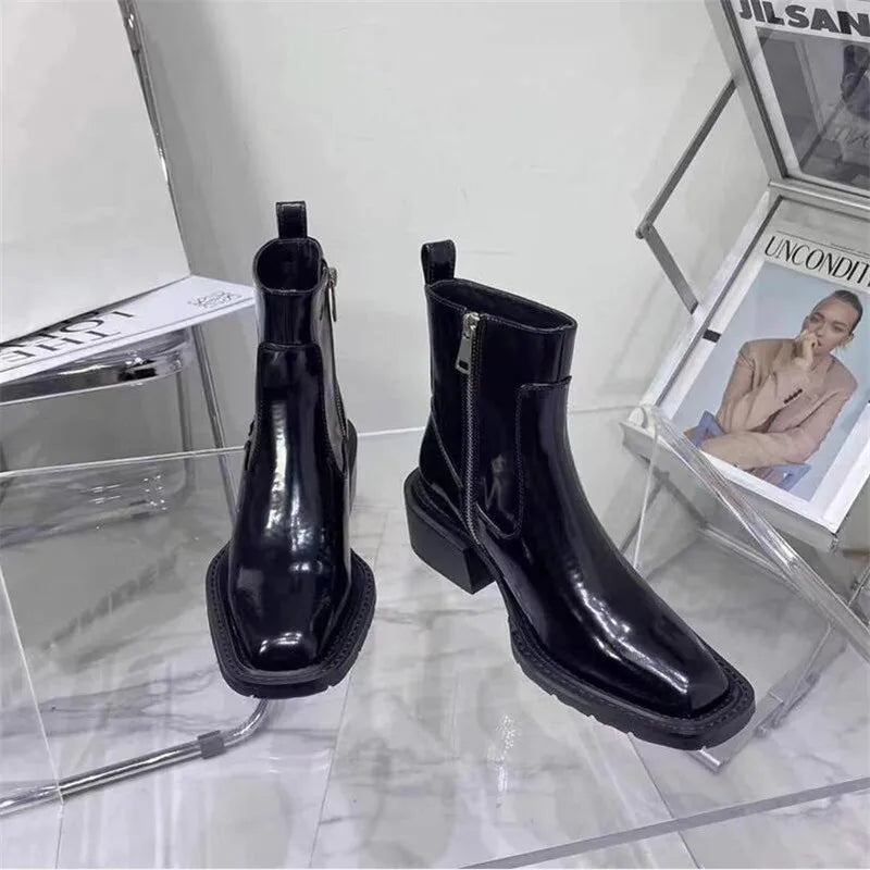 Man Genuine Leather Chelsea Boots Black Men Knight Boot Square Toe Male Motorcycle Boot