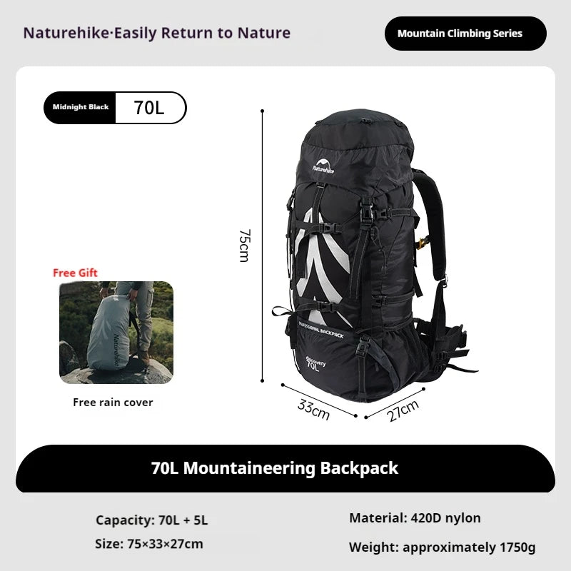 Naturehike 70+5L Backpack Camping Hiking Trekking Backpacking Lightweight Travel Bag With Aluminium Alloy Frame Waterproof Cover