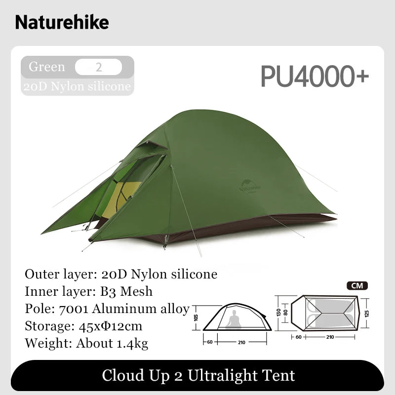 Naturehike Outdoor Upgrade Cloud Up 2 3 Person Tent 20D Nylon Silicone Double Layer Aluminum Pole Ultralight Camping Hiking Tent