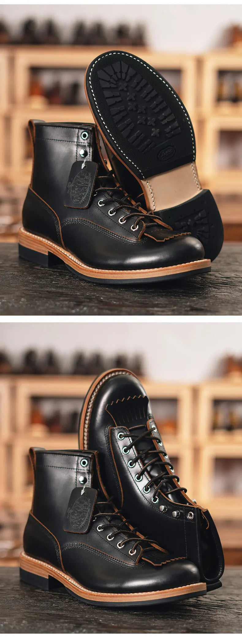 Men's Vintage Motorcycle Boots Cowhide Leather High Top Motorbike Boots Motocross Riding Boots Walking Shoes Thick Soled 38-44