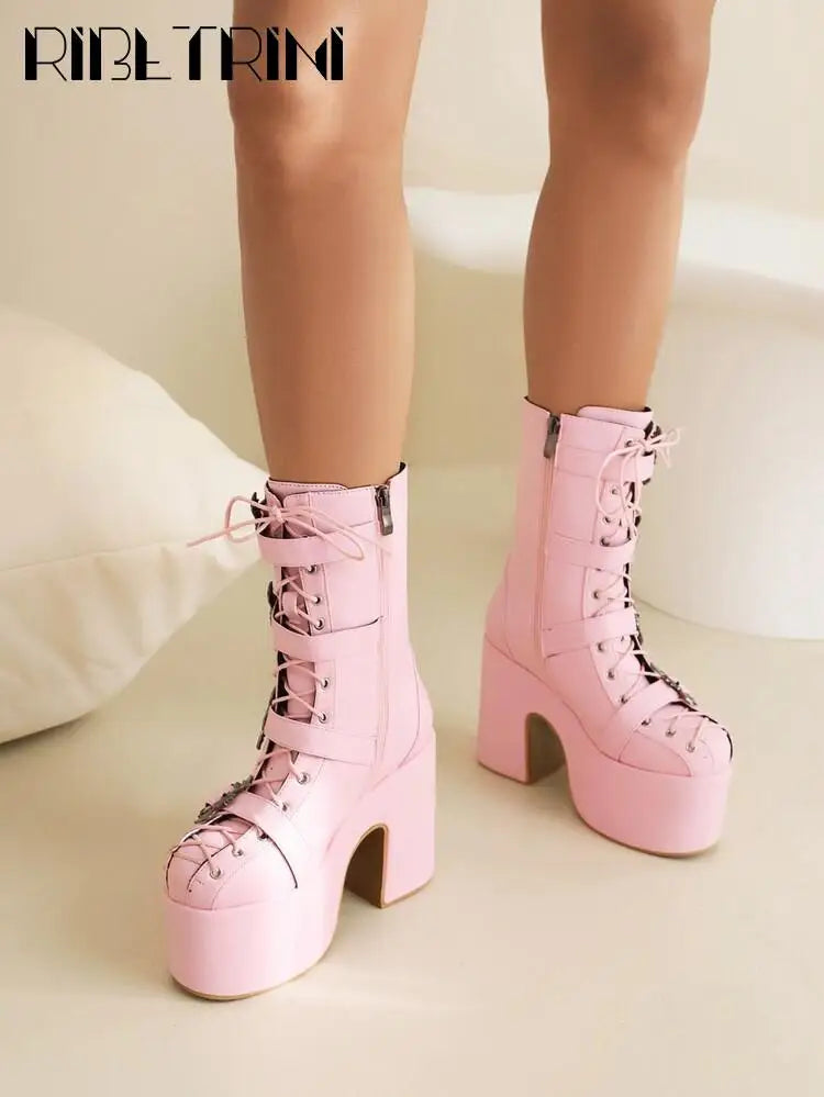 Punk Goth Women Motorcycle Boots Block High Heels Platform Shoes  Woman 2024 New Brand Luxury Fashion Design Cool Street Boots