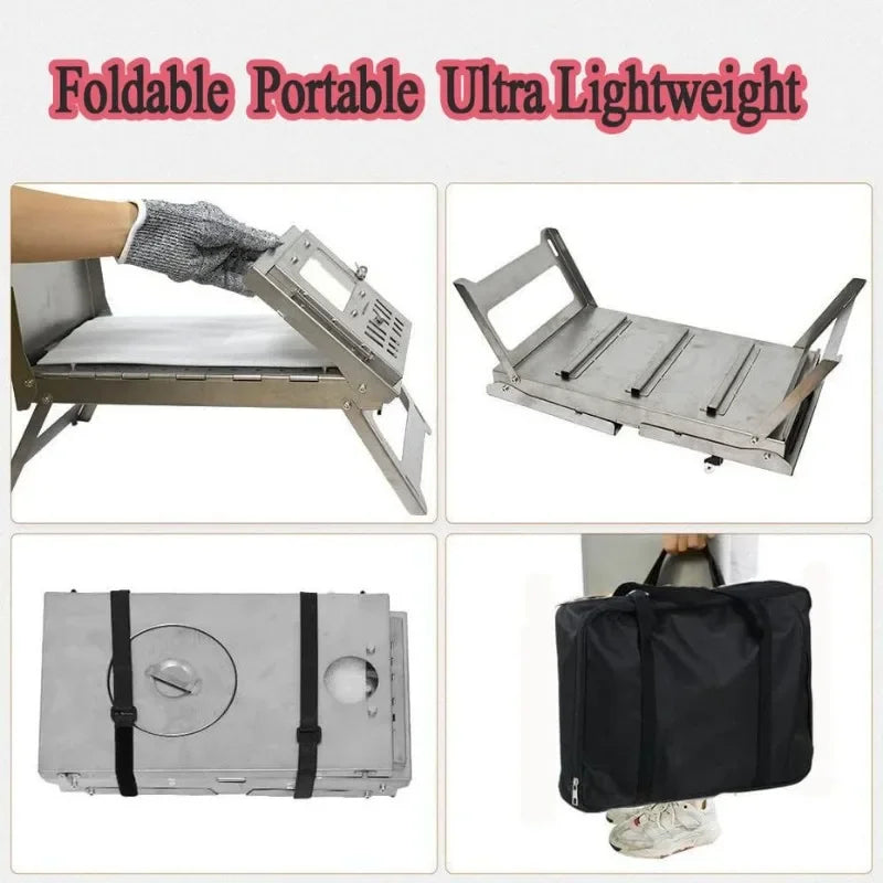 Stainless Steel Portable Tent Stove Foldable with Side Glass Chimney Burner Camping Wood Stove Heating Cooking Grill