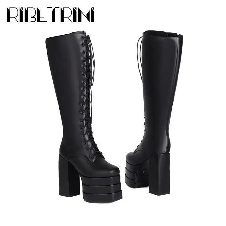 Cool Women Motorcycle Boots High Heeled Knee High Sassy Platform Shoes Lace Up Zip Luxury Designer Brand Winter Street Booties