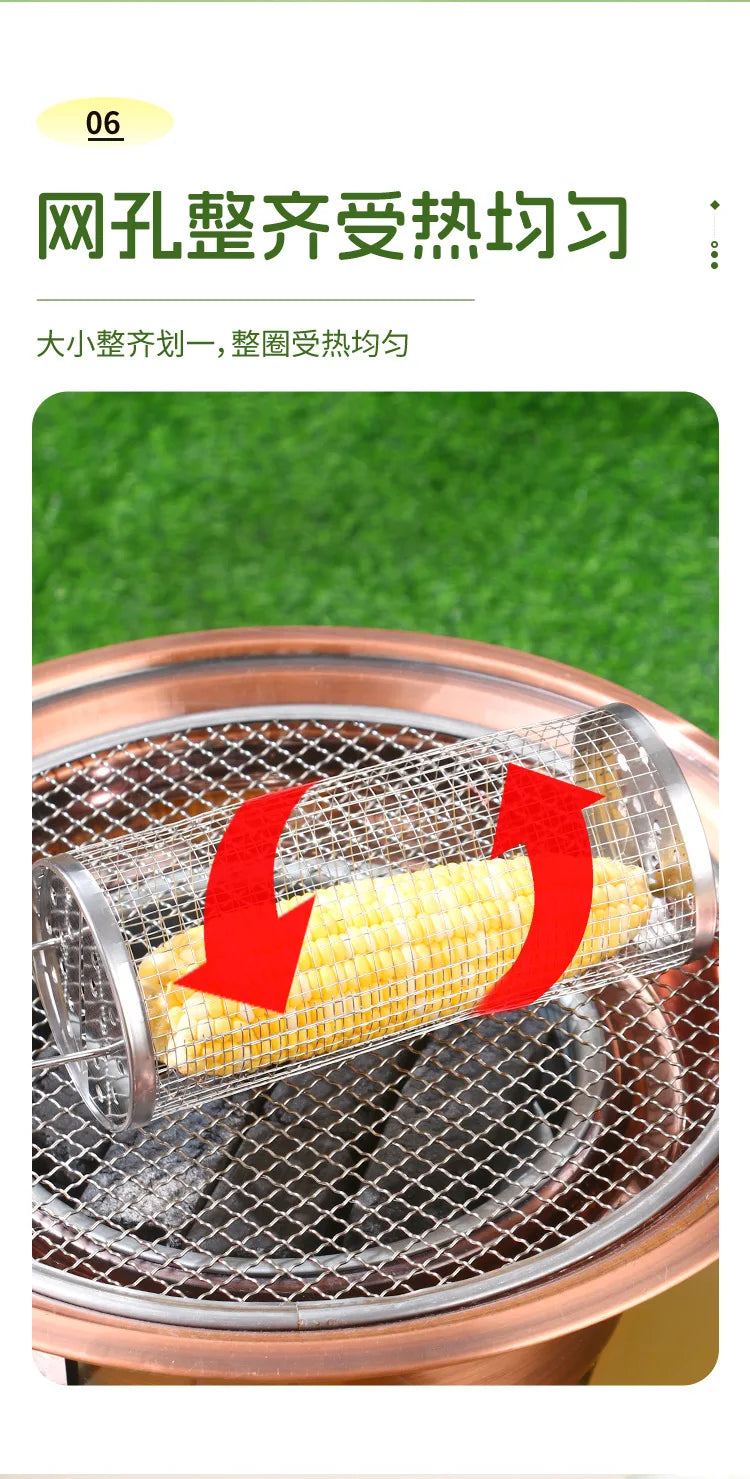 304 Stainless Steel Barbecue Cylindrical Mesh Grill Basket, Picnic Barbecue Supplies, Smoked Barbecue Rolling Cylinder