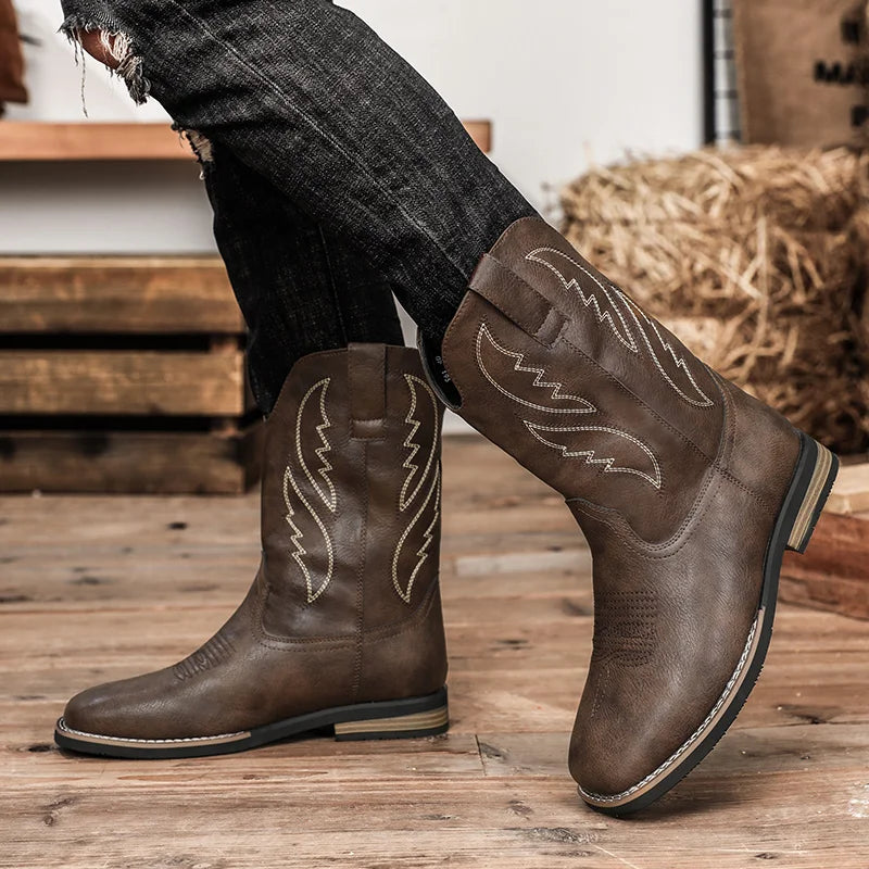 Western Style Cowboy Chelsea Boots Vintage Mid-calf Boots Pointed Toes Classical Shoes Genuine Leather Worker Winter Booties