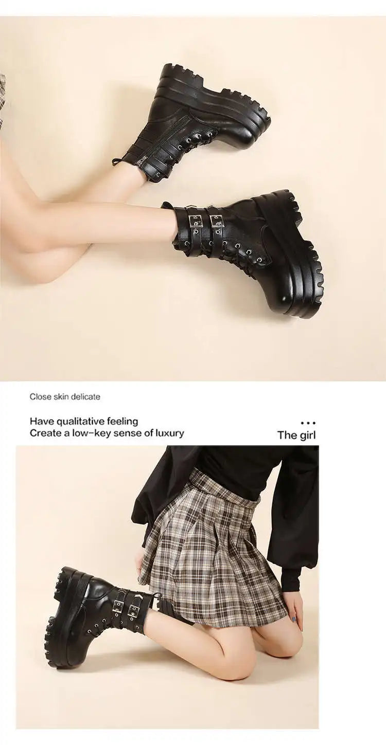 Women Boots British Belt Buckle 2025 Autumn New Height Increasing Thick Soled Short Boot Lace Up Zipper Fashion Motorcycle Boots