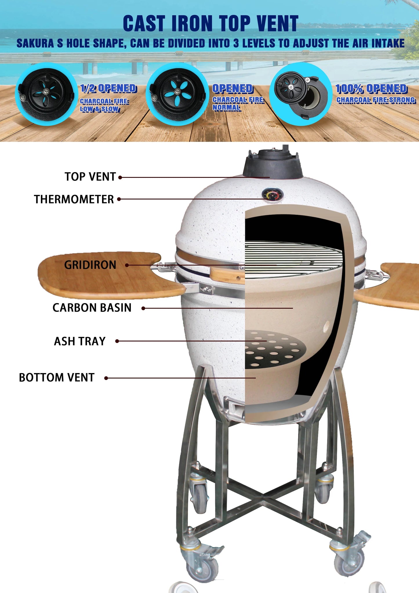 Auplex Manufacturer Hot Sale 21 Inch Kamado Outdoor BBQ Kitchen Camping Charcoal BBQ Grill