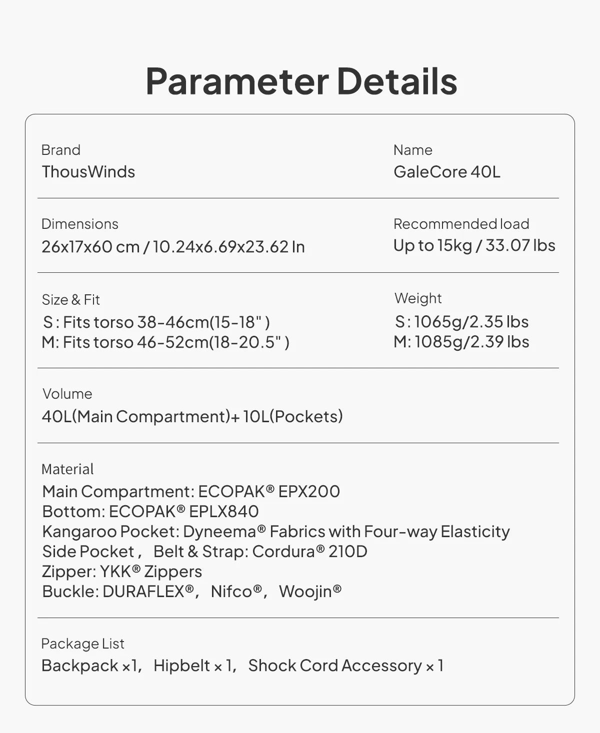 ThousWinds GaleCore 40+10L Lightweight Hiking Backpack Dyneema Trekking Pack Waterproof Bagpack
