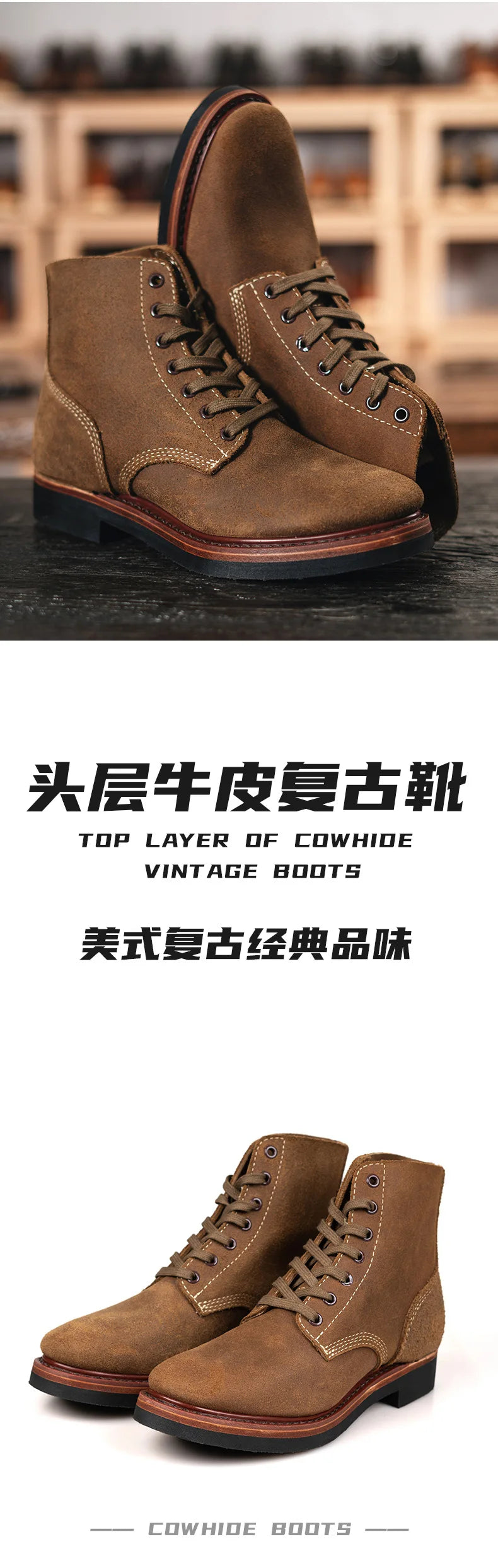 Retro Cowhide Motorcycle Boots High Top Motorbike Boots Durable Goodyear-Welted Moto Boots Wear-resistant Walking Shoes For Men