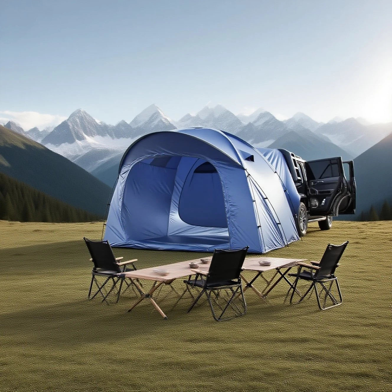 3-4 Person SUV Camping Tent PU4000 Waterproof with Mesh Bug Door, Cross-Ventilated Quick-Pitch Design, Built-In Floor