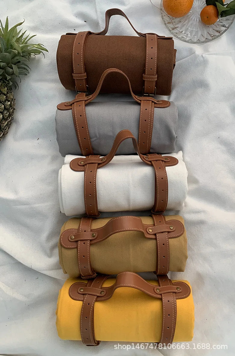 Solid Picnic Mat Paired with Picnic Trendy Leather Handle Beach Blanket  Sleeping Pad  Camping Tarp Waterproof  Beach Mat