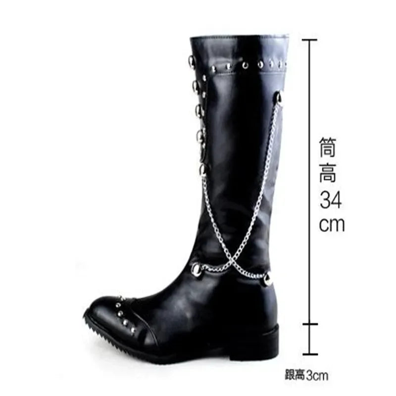 Men Motorcycle Leather Boots,Black Fashion Stage Boots Punk Over Knee High Boots Waterproof Snow Boots Equestrian Gothic Boots