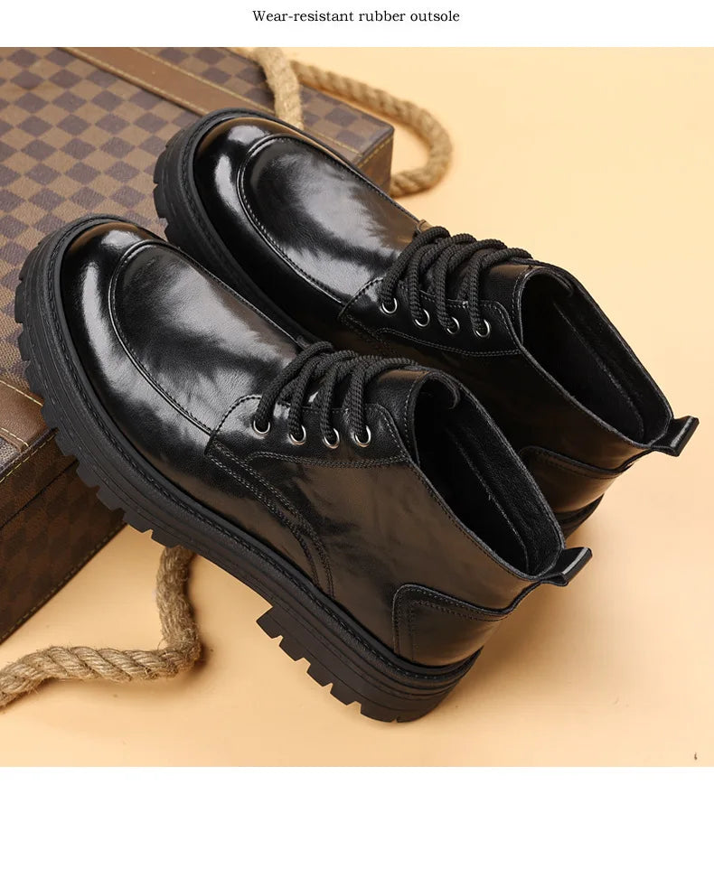 Outdoor Men High Top Leather Shoes Classic Black Leather Boots Motorcycle Breathable Riding Mid-calf Ankle Boots Warm Work Shoes