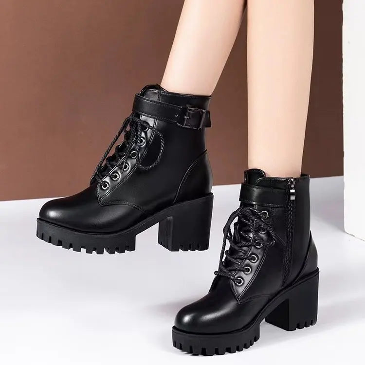 Winter Women's Boots 2025 New Lace Up Boots for Womens Fashion Thick Heel Side Zipper Ankle Boots Warm Female Motorcycle Shoes