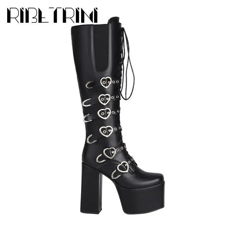 Cool Women Motorcycle Boots High Heeled Knee High Sassy Platform Shoes Lace Up Zip Luxury Designer Brand Winter Street Booties