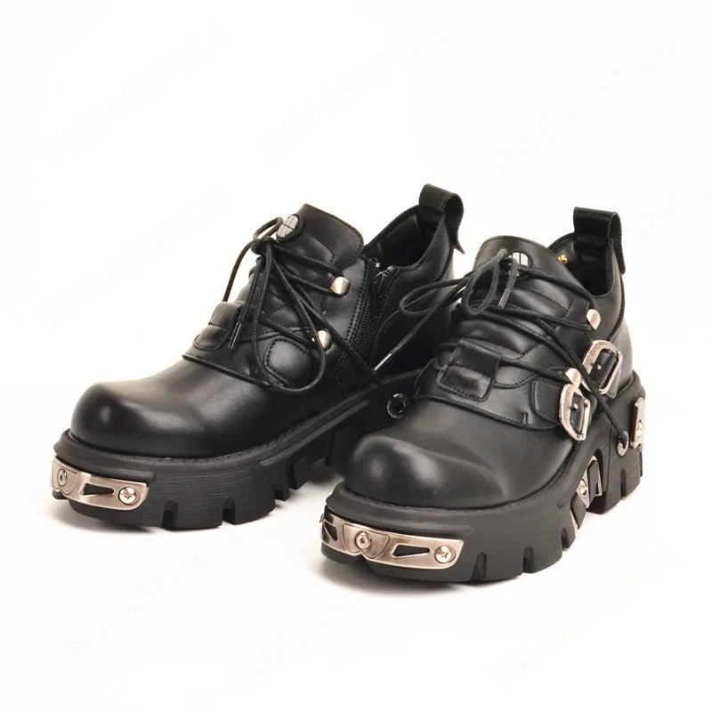 New Men's Gothic Skull Boots Black Women Shoes Designer Punk Metal Platform Walking Sneakers Skeleton Metal Buckles Ankle Boots