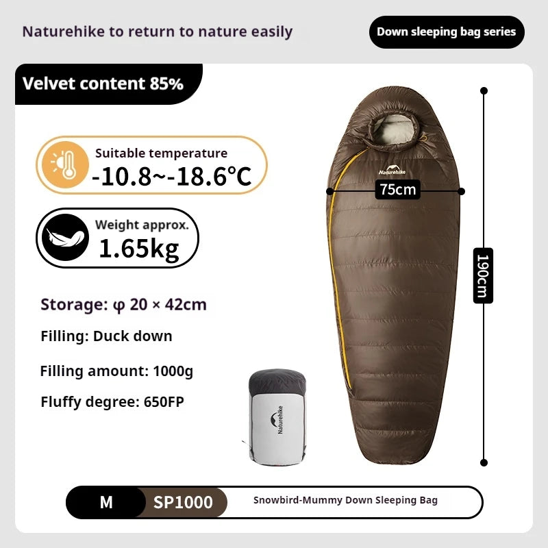Naturehike Snowbird Sleeping Bag 650FP Duck Down Winter Warm Outdoor Camping Ultralight Hiking Mummy Sleeping Bag -18.6°C~3.8°C