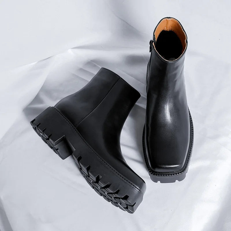 mens fashion punk rock dress high chelsea boots square toe platform shoes cowboy original leather boot handsome motorcycle botas