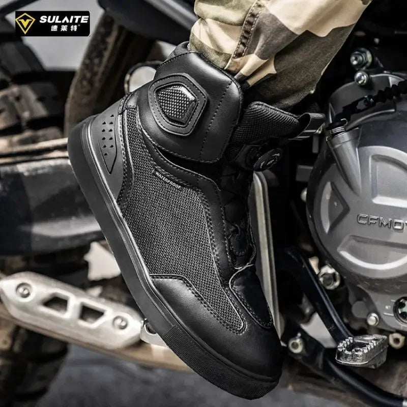 Sulaite Motorcycle Boots Men Waterproof Motorcyclist Boots Black Leather Motocross Boots Breathable Moto Biker Shoes
