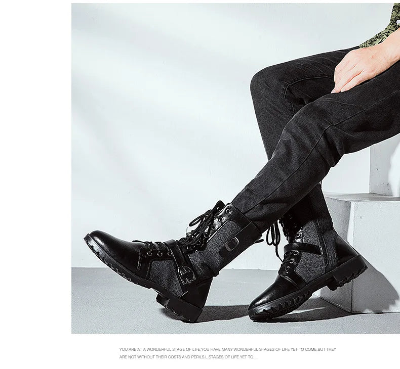 Retro Mid-Carf Punk Boots Winter Men's Plus Velvet Motorcycle Boots All-match Tooling Shoes Denim Mid-high Boots Men botas mujer