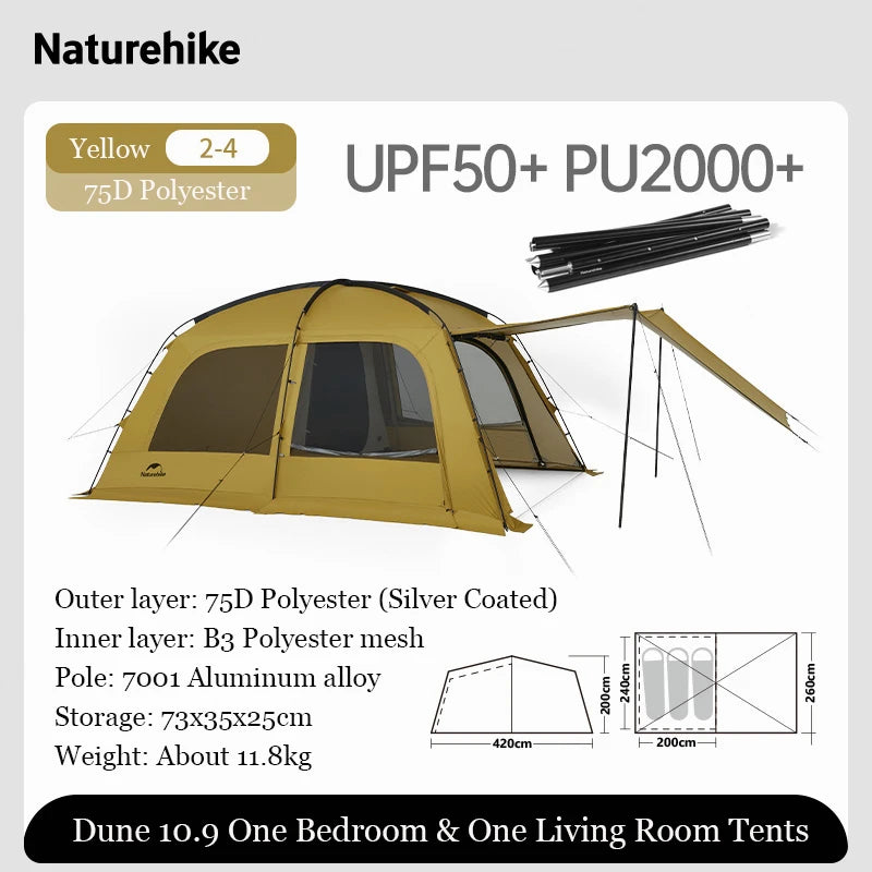 Naturehike Outdoor 4-6 Person Camping Dune 10.9 Tent One Bedroom One Living Room Hiking Tent 75D Nylon Camping Tents Canopy