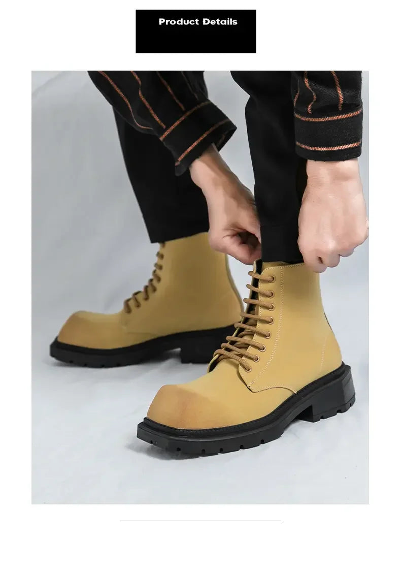 Large Men's Autumn High Top Casual British Motorcycle Shoes, Retro Trendy Brand Height Increasing Big Head Leather Boots