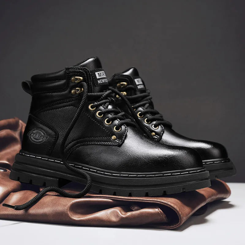 Autumn Winter Motorcycle Boots Handmade Vintage Mens Walking Shoes Casual Leather Ankle Boots Round Toe Lace-up Outdoor Footwear