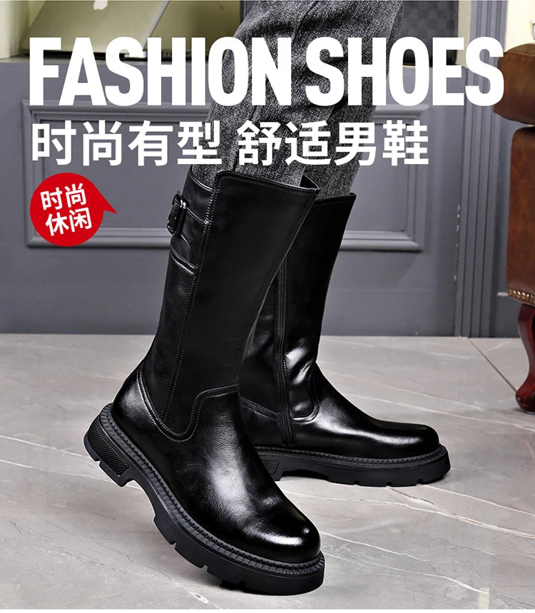 Tall Boots for Men Made of Leather with Increased Height and Soft Sole Western Cowboy Plush Insulation Knight Ankle Riding