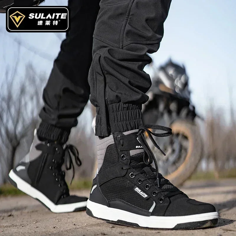 SULAITE Wear Resistant Motocross Protective Shoes The Four Seasons Breathable Motorcycle Boots Moto Equip Reflective Moto Shoes