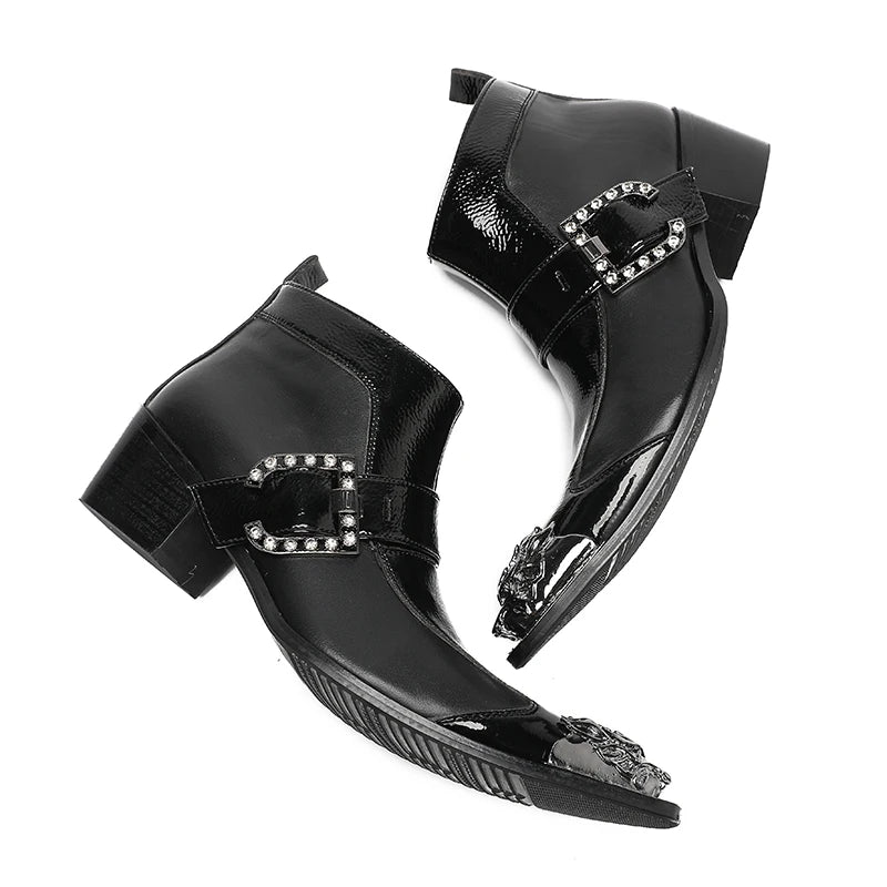 Spring Men's Boots Red Studded Pointed Leather Boots  Model Social Height Increasing  Patent Leather High-heeled Men's Boots