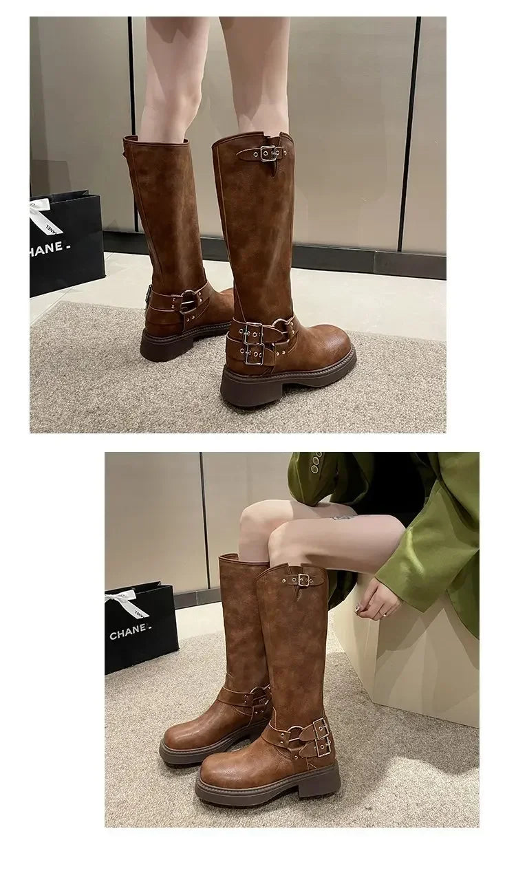 WOMEN'S platform knee-high Knight casual long boots chunky vintage fashion buckle luxury designer Western cowboy woman shoes