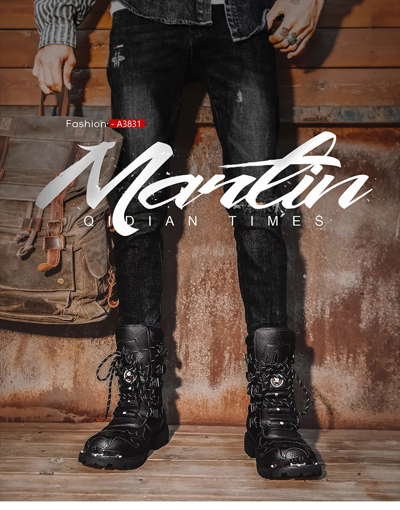 Men Motorcycle Boots Fashion Mid-Calf Punk Rock Punk PU Leather Black High Top Mens Casual Boot Steel Toe Shoes Big Size 38-46